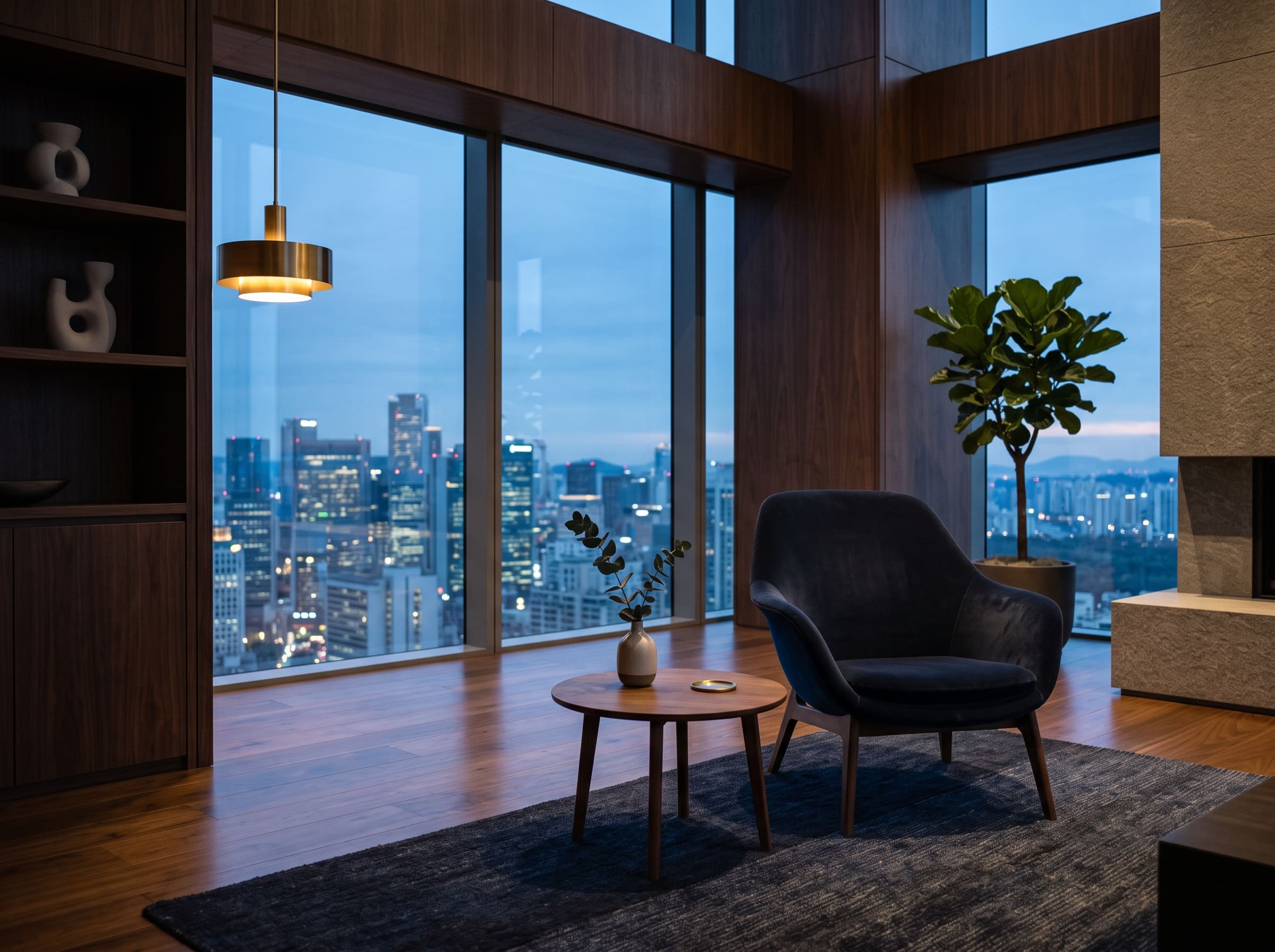 Modernes Büro mit Blick auf die Skyline bei Abenddämmerung