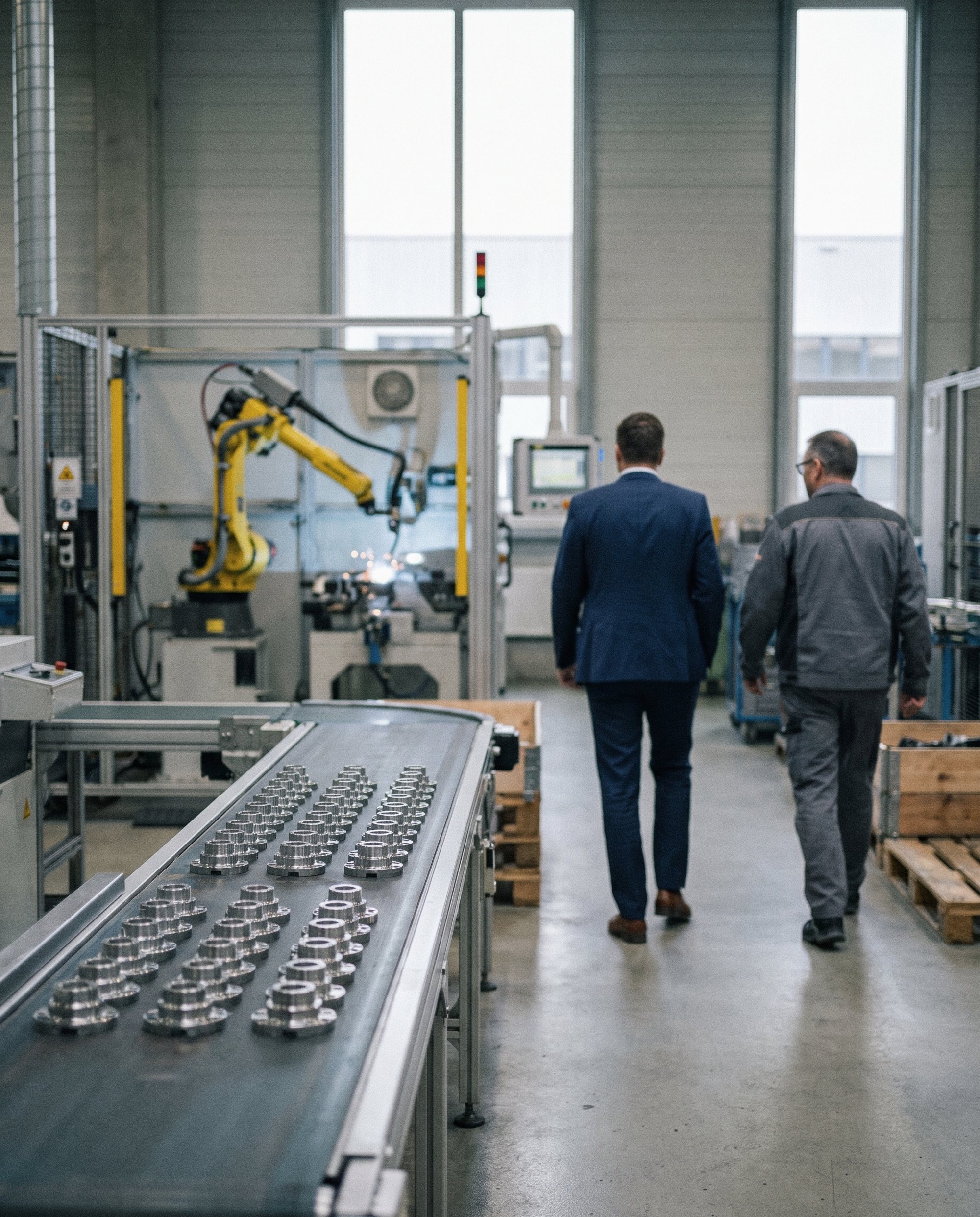 Produktionslinie eines Automobilzulieferers mit Berater und Produktionsleiter