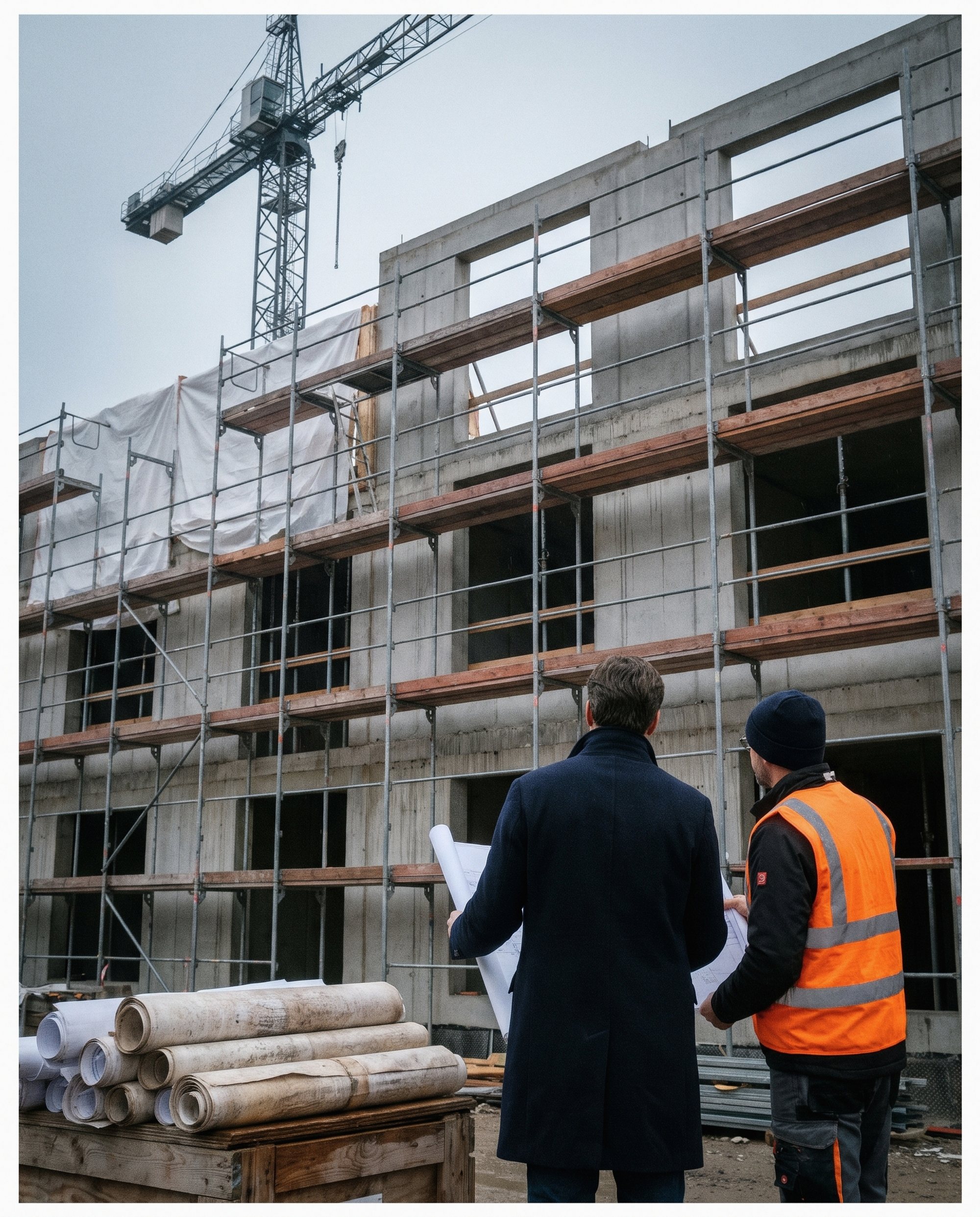 Rohbau mit Kran, Projektentwickler und Bauleiter auf der Baustelle
