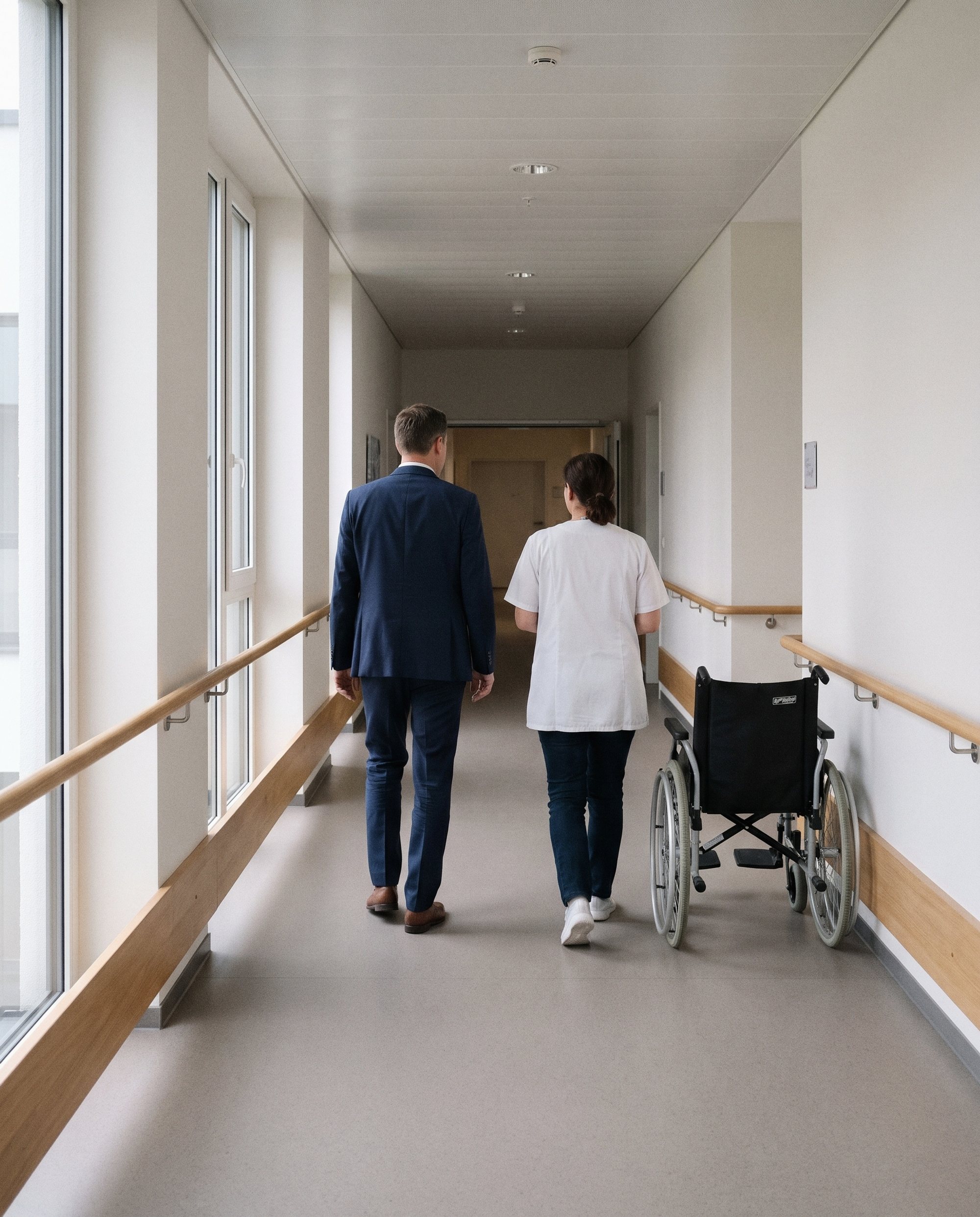 Flur einer Pflegeeinrichtung mit Geschäftsführer und Pflegedienstleitung