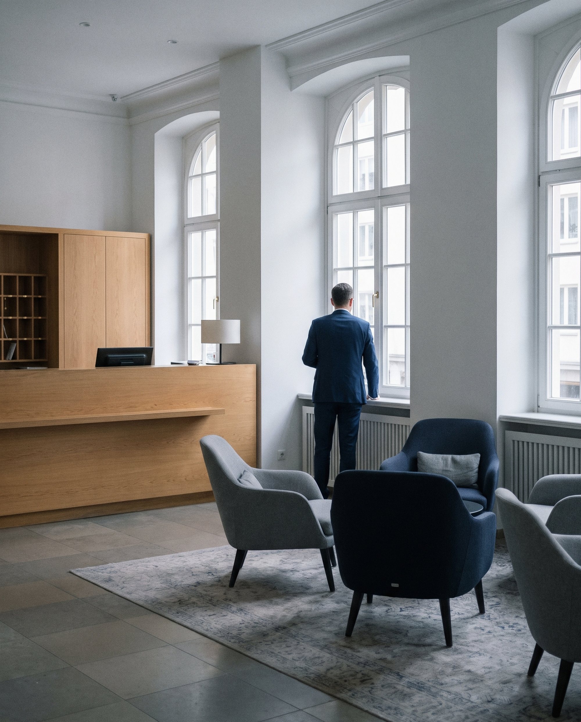 Hotellobby am Morgen mit Hoteldirektor