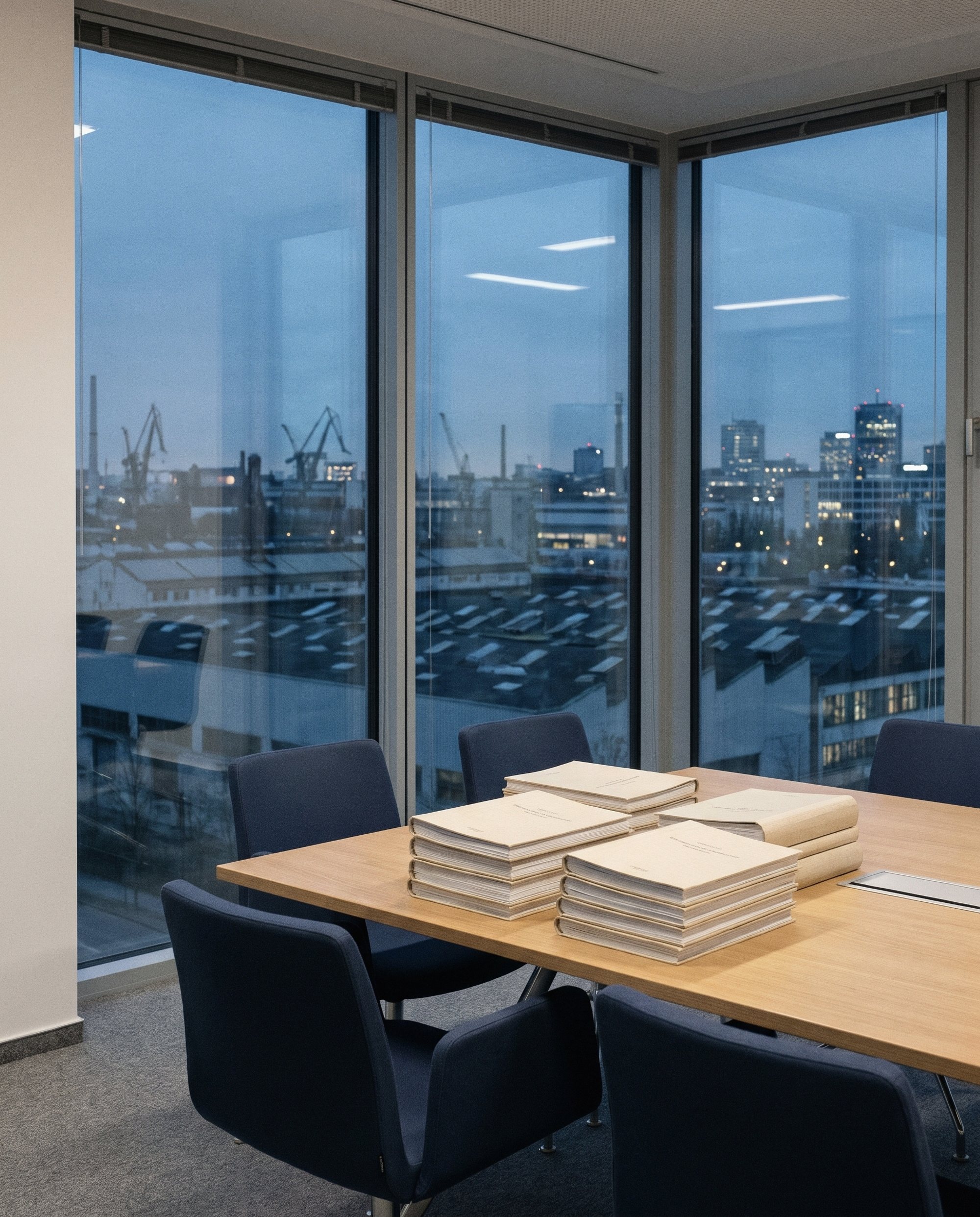 Besprechungsraum mit Branchenberichten und Blick auf Industrie und Stadt