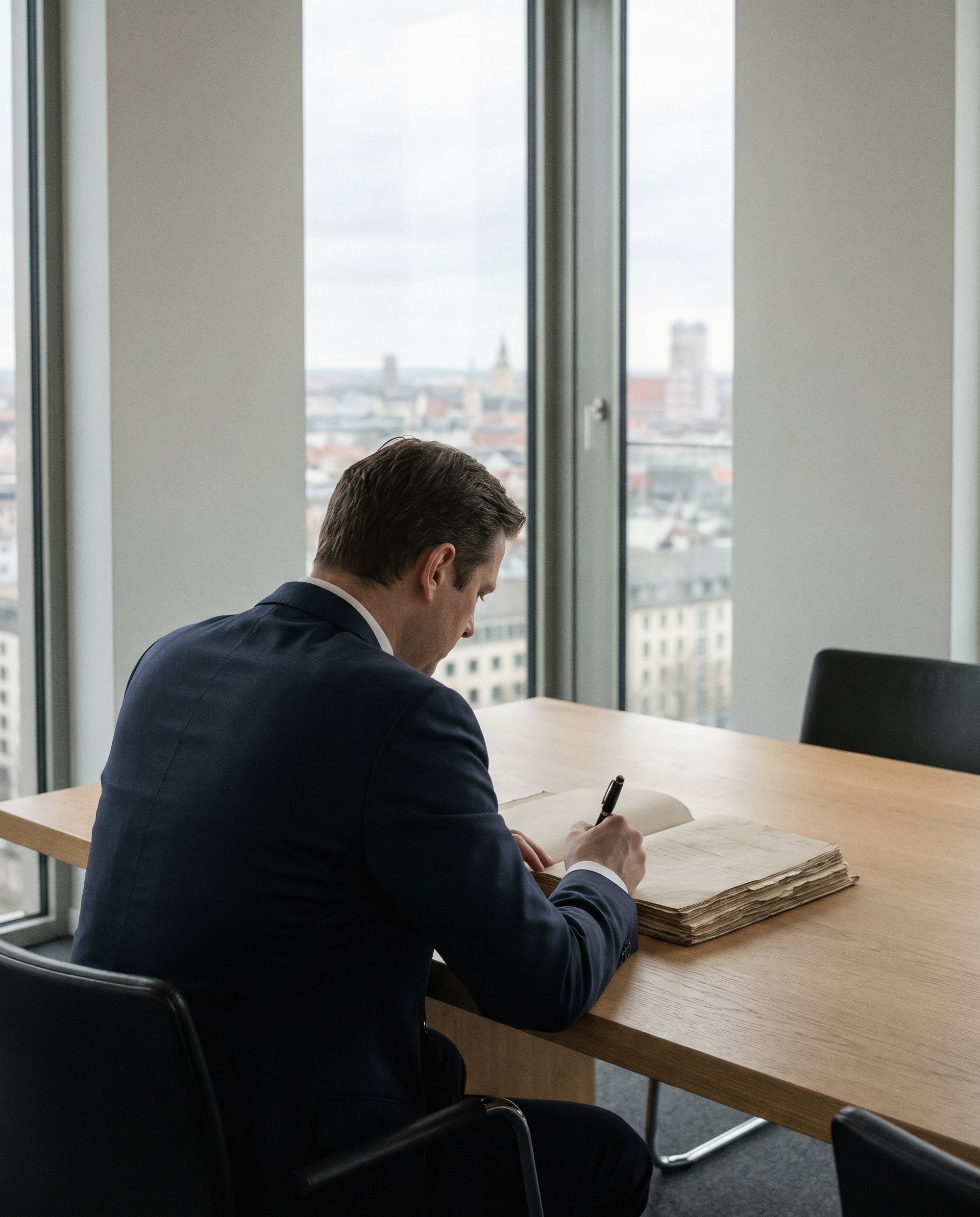 Geschäftsführer prüft Unterlagen am Schreibtisch im Büro