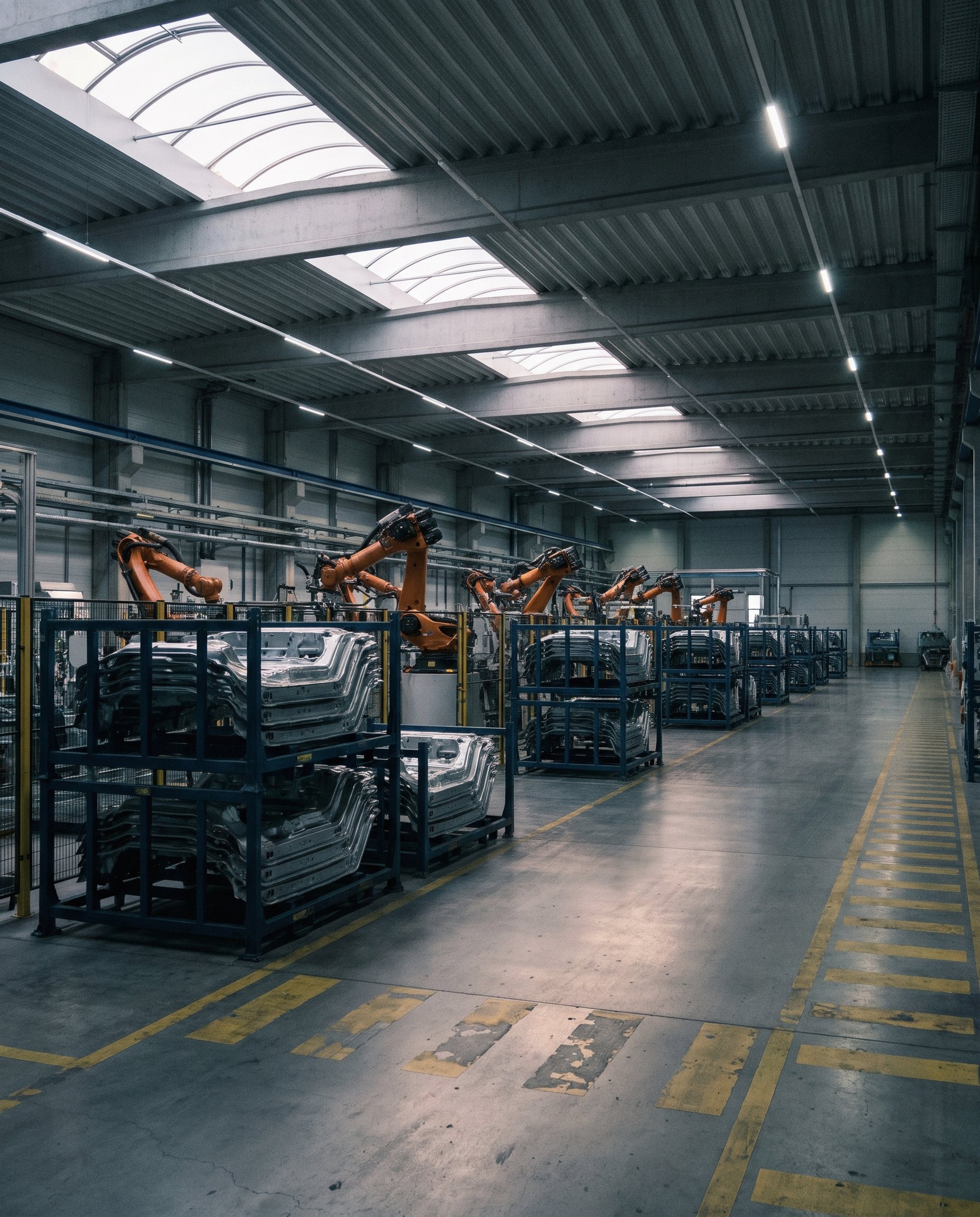 Produktionshalle eines Automobilzulieferers mit Industrierobotern
