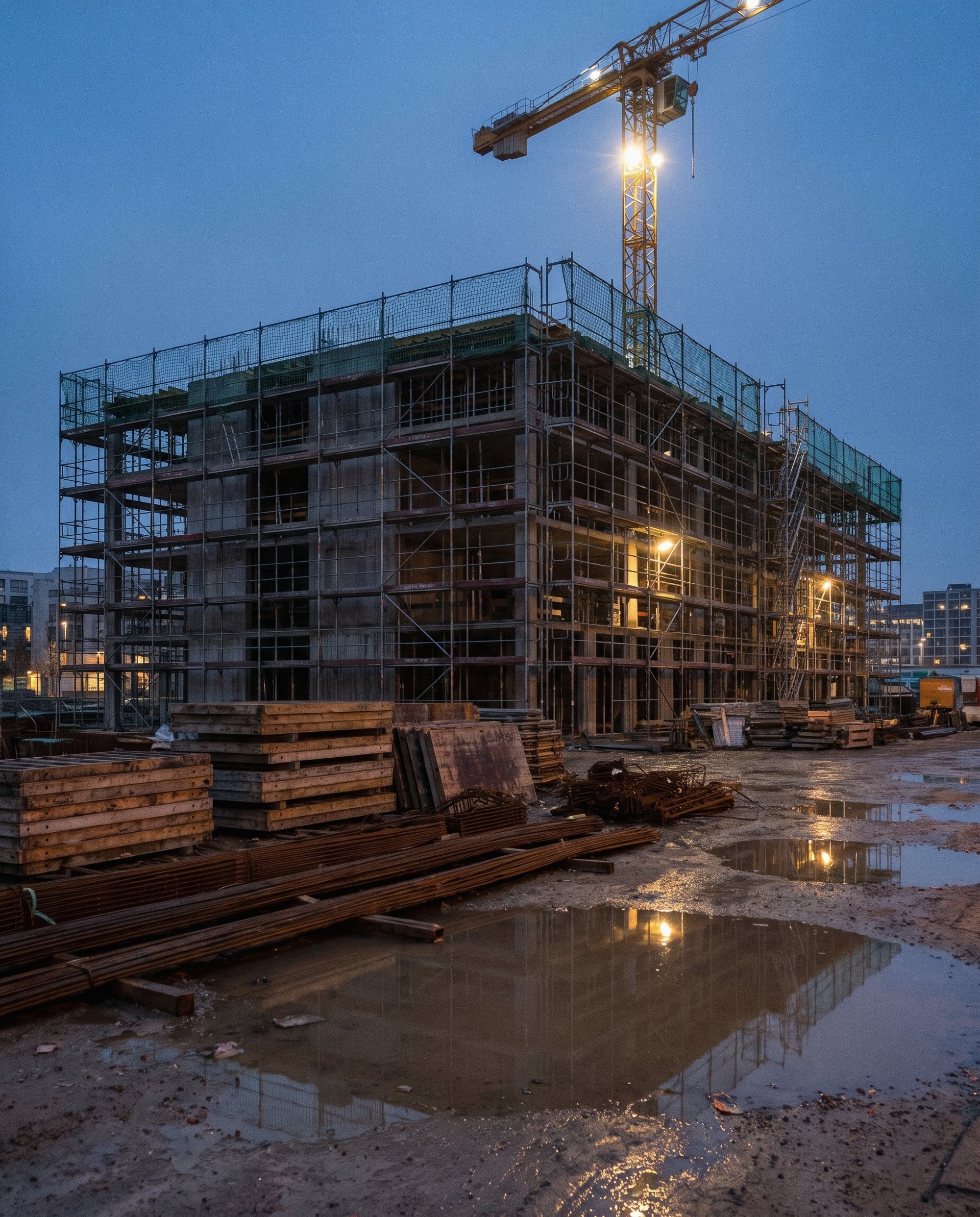 Rohbau mit Gerüst und Baukran zur blauen Stunde