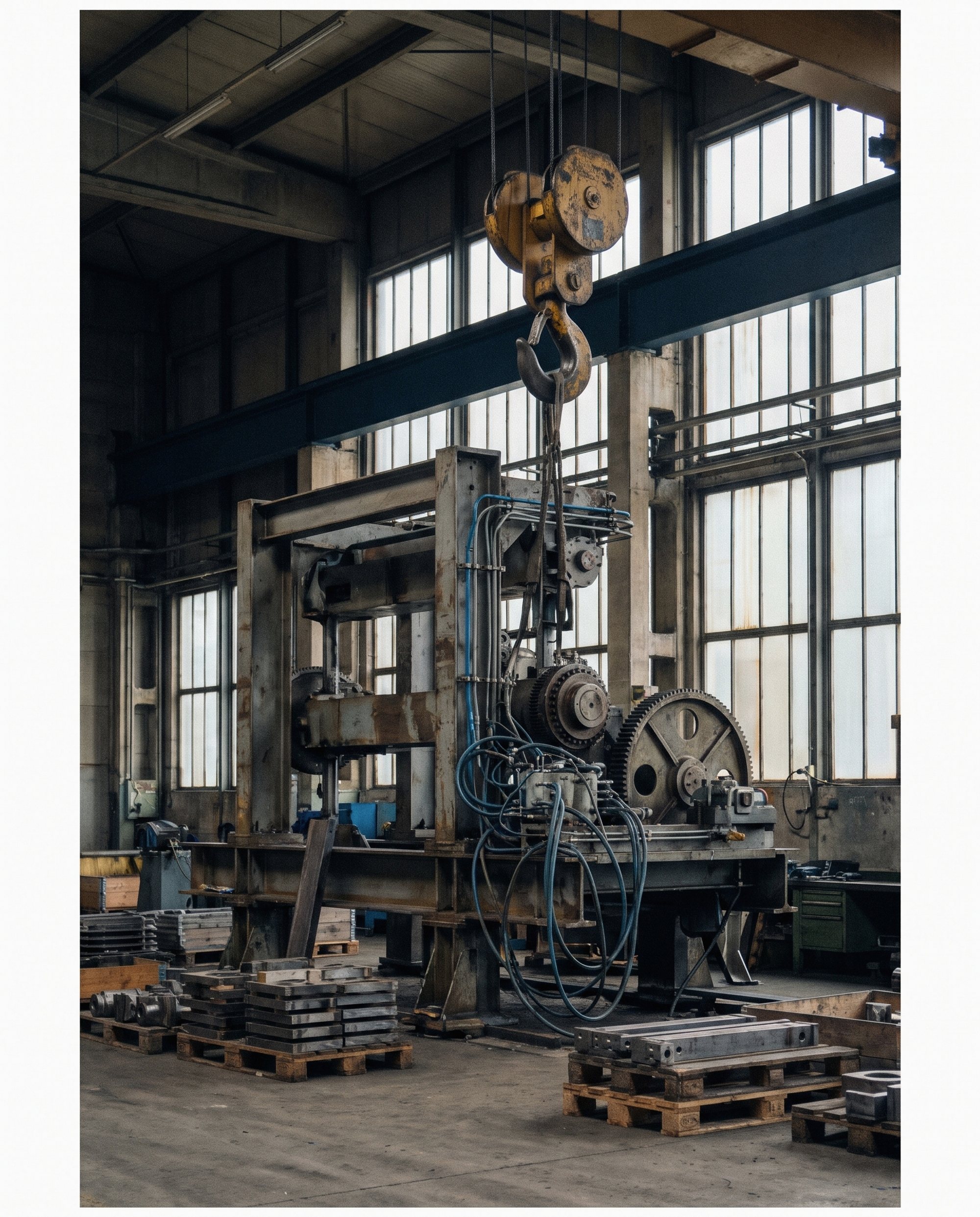 Montagehalle im Maschinenbau mit Großmaschine und Hallenkran