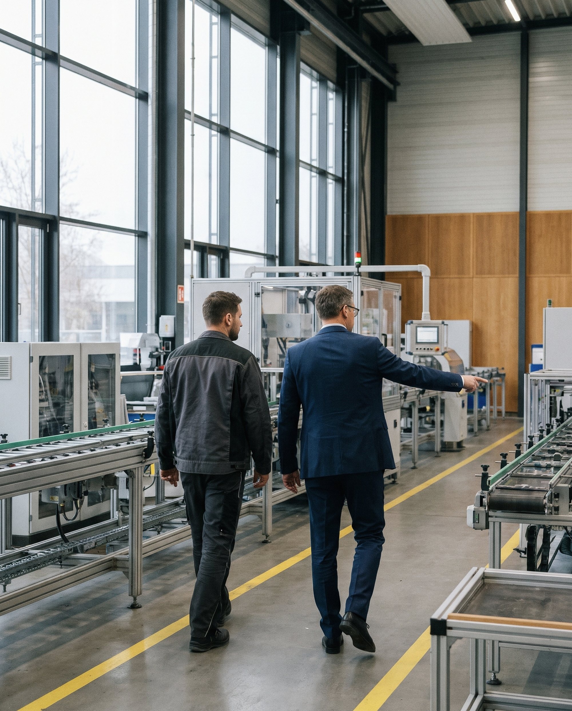 Berater und Werkleiter gehen durch die Produktion